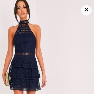 Navy lace panel tiered bodycon dress